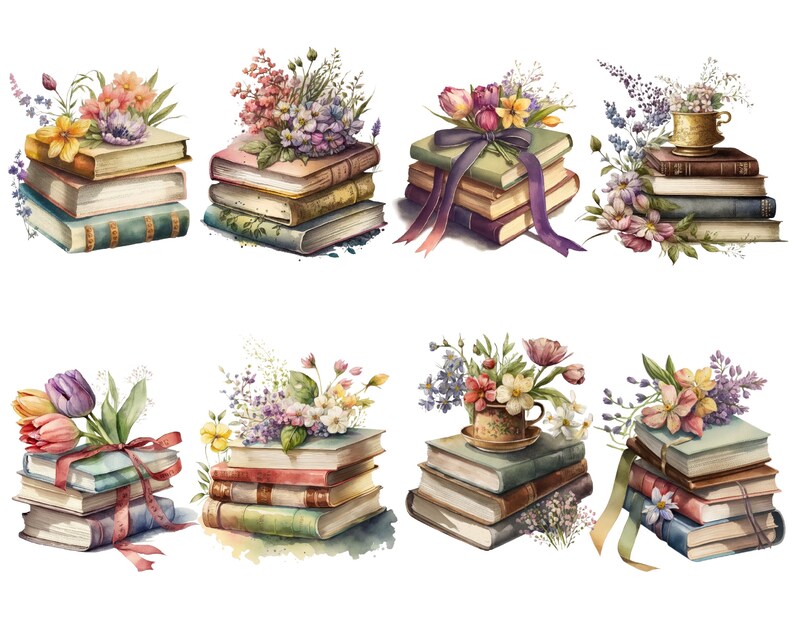 May include: A collection of eight watercolor illustrations featuring stacks of books adorned with colorful flowers. Each stack of books is decorated with a different floral arrangement, including roses, tulips, and wildflowers. The illustrations are perfect for adding a touch of whimsy and charm to any project.