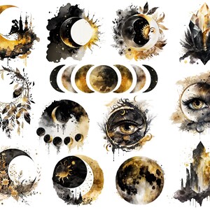 May include: A set of 12 watercolour illustrations featuring celestial and mystical themes. The illustrations include moons, stars, crystals, eyes, and dreamcatchers. The illustrations are painted in shades of gold, black, and white.