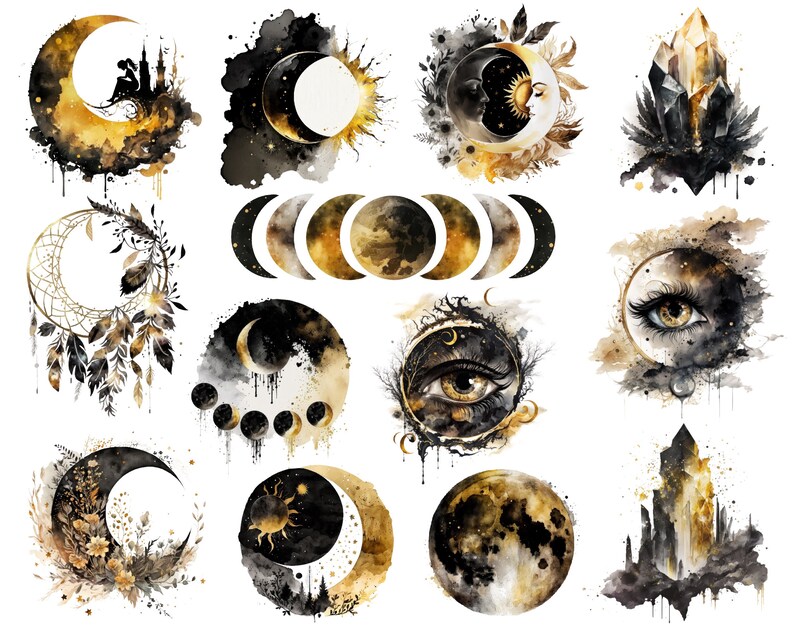May include: A set of 12 watercolour illustrations featuring celestial and mystical themes. The illustrations include moons, stars, crystals, eyes, and dreamcatchers. The illustrations are painted in shades of gold, black, and white.