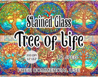Stained glass tree of life art, Art nouveau Digital paper pack, Painted tiles clipart, Printable images for collage, Free commercial use