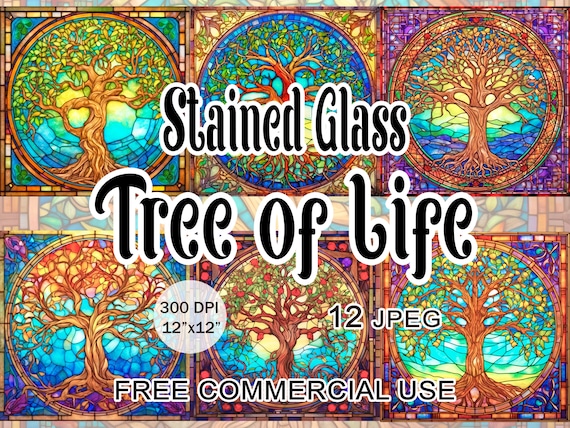 Stained glass tree of life art, Art nouveau Digital paper pack, Painted tiles clipart, Printable images for collage, Free commercial use