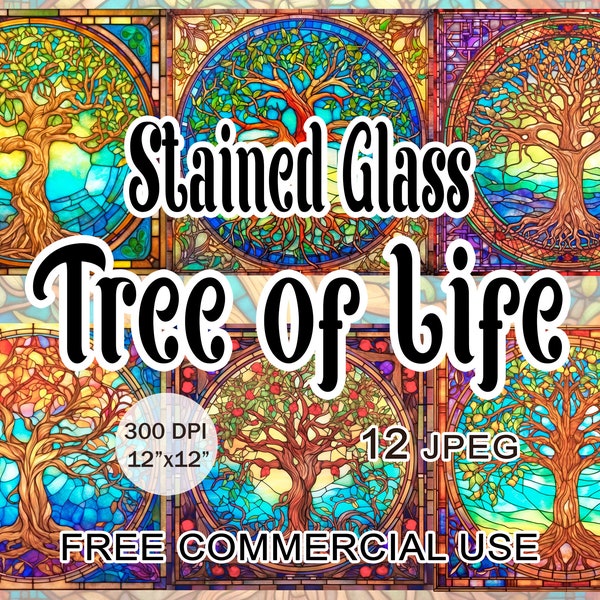 Stained glass tree of life art, Art nouveau Digital paper pack, Painted tiles clipart, Printable images for collage, Free commercial use