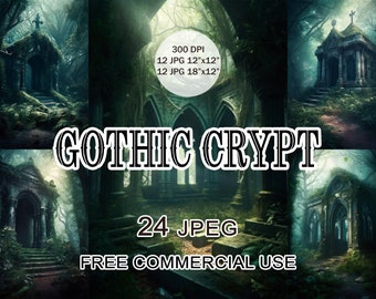 Puede incluir: Una ilustración digital de una cripta gótica con un arco de piedra y enredaderas cubiertas de vegetación. La cripta está rodeada de un bosque oscuro con un camino que conduce a la entrada. El texto "Gothic Crypt" está escrito en letras negritas sobre la cripta. El texto "24 JPEG" y "Free Commercial Use" está escrito debajo de la cripta.