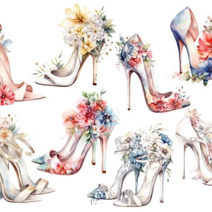 Puede incluir: Seis pares de zapatos de tac&oacute;n alto decorados con flores de acuarela. Los zapatos son de varios colores, incluyendo blanco, azul, rosa y amarillo. Las flores son una mezcla de rosas, lirios y otras flores.