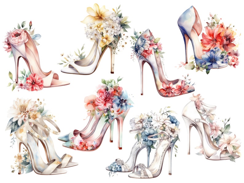Puede incluir: Seis pares de zapatos de tac&oacute;n alto decorados con flores de acuarela. Los zapatos son de varios colores, incluyendo blanco, azul, rosa y amarillo. Las flores son una mezcla de rosas, lirios y otras flores.