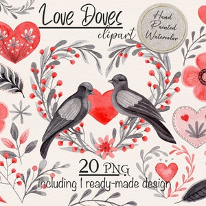 Love Dove PNG Bundle, Aquarelle fleurs et pigeons, Saint Valentin png, clipart aquarelle peint à la main, aquarelle dessinée png