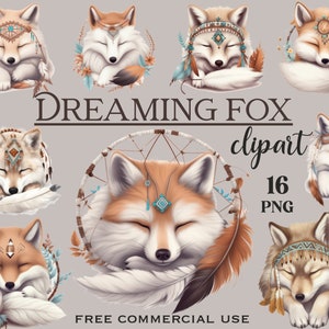 Rêver des cliparts renard, boho mignon renards endormis avec des plumes et des fichiers png attrape-rêves, licence commerciale incluse