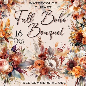 Fall Boho bouquet clipart, Floral wedding decor png, Bridal autumn flower arrangements art bundle for collage, Free commercial use images