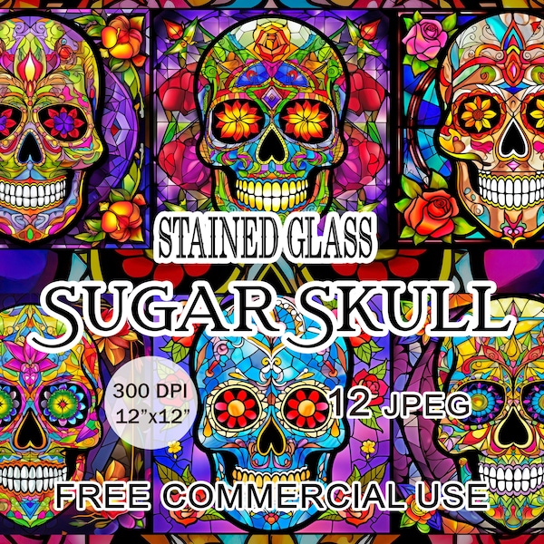 Stained glass sugar skull clipart, Flower skulls bundle, Day of the dead artwork, Art nouveau printable images, Free commercial use