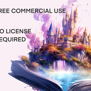 May include: A fairytale castle with pink and purple clouds, a waterfall, and a lake, emerging from an open book. The text "FREE COMMERCIAL USE NO LICENSE REQUIRED" is displayed.