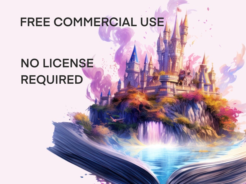 May include: A fairytale castle with pink and purple clouds, a waterfall, and a lake, emerging from an open book. The text "FREE COMMERCIAL USE NO LICENSE REQUIRED" is displayed.