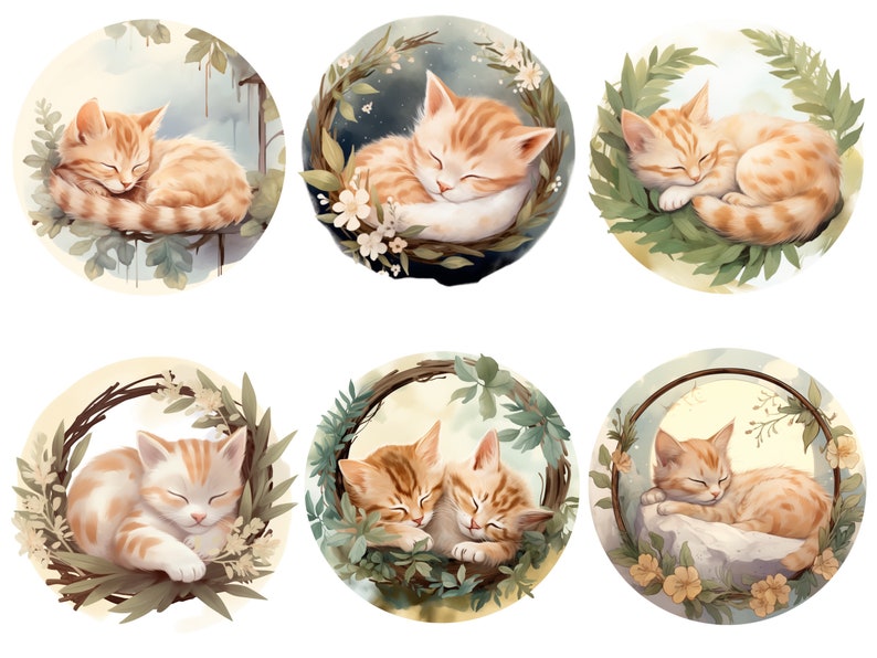 Puede incluir: Seis ilustraciones de gatos atigrados naranjas durmiendo en diferentes poses. Cada gato est&aacute; rodeado de una corona de hojas y flores. Los gatos duermen pl&aacute;cidamente en una variedad de posiciones.