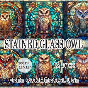 Clipart glas-in-lood uil, bundel efemere victoriaanse nachtvogels, art nouveau-afdrukbare afbeeldingen voor ontwerp, collage enz., gratis commercieel gebruik