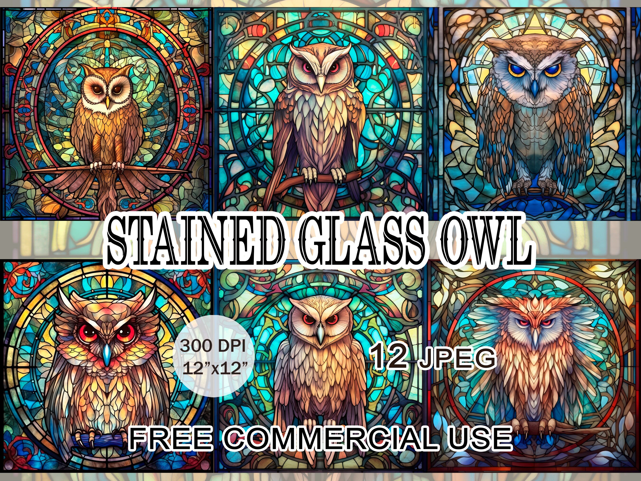 Stained glass owl clipart, Victorian night bird ephemera bundle, Art nouveau printable images for de