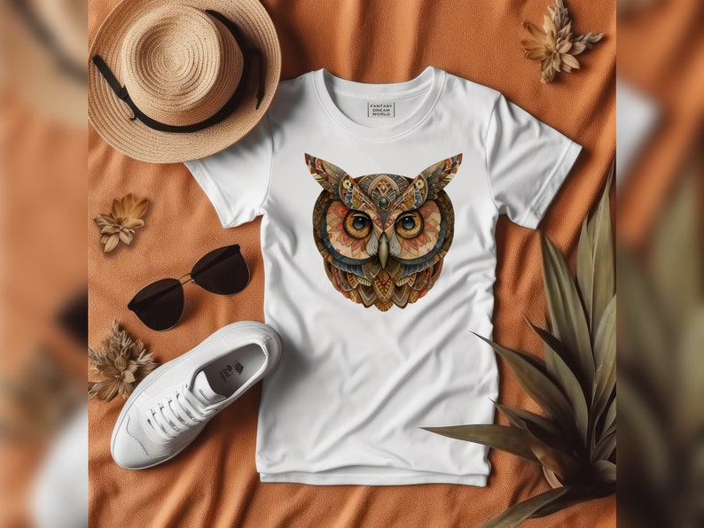 May include: White t-shirt with a colorful, detailed owl graphic on the front. The owl has large, round eyes and intricate patterns throughout its feathers. The text "Fantasy World" is printed above the owl.