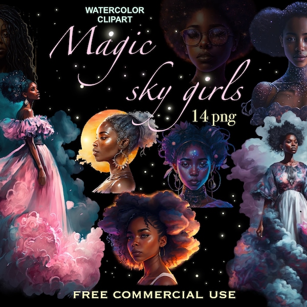 Watercolor magic sky girls clipart, Black girl portrait bundle, Melanin digital art, Night sky art images for collage, Free commercial use