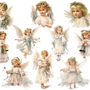 Puede incluir: Una colecci&oacute;n de ilustraciones en acuarela de &aacute;ngeles querubines con cabello dorado, alas blancas y vestidos blancos o pastel fluidos. Algunos &aacute;ngeles sostienen campanas, vegetaci&oacute;n o flores, creando un tema celestial.