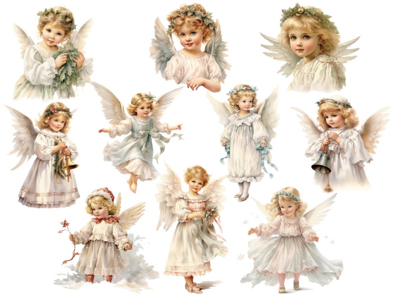Puede incluir: Una colecci&oacute;n de ilustraciones en acuarela de &aacute;ngeles querubines con cabello dorado, alas blancas y vestidos blancos o pastel fluidos. Algunos &aacute;ngeles sostienen campanas, vegetaci&oacute;n o flores, creando un tema celestial.