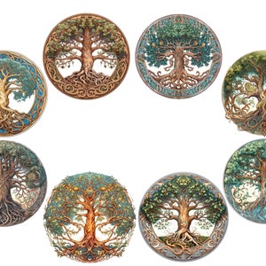 Puede incluir: Ocho ilustraciones circulares de &aacute;rboles estilizados con ra&iacute;ces y ramas intrincadas. Cada &aacute;rbol est&aacute; rodeado de un marco circular con un patr&oacute;n decorativo. Los &aacute;rboles se representan en varios tonos de verde, marr&oacute;n y azul.