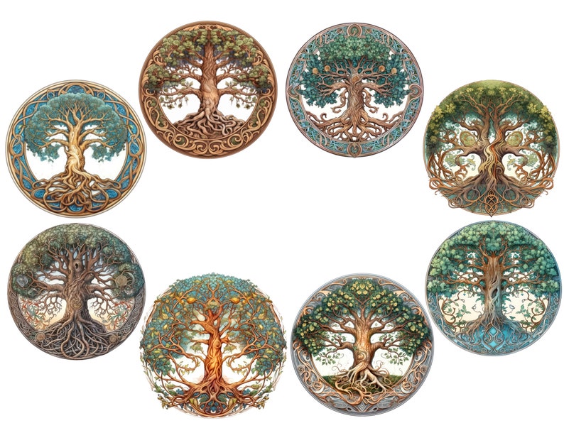 Puede incluir: Ocho ilustraciones circulares de &aacute;rboles estilizados con ra&iacute;ces y ramas intrincadas. Cada &aacute;rbol est&aacute; rodeado de un marco circular con un patr&oacute;n decorativo. Los &aacute;rboles se representan en varios tonos de verde, marr&oacute;n y azul.
