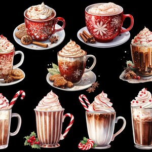 May include: A collection of eight festive holiday mugs filled with hot chocolate and topped with whipped cream. The mugs are decorated with snowflakes, candy canes, and other wintery designs.