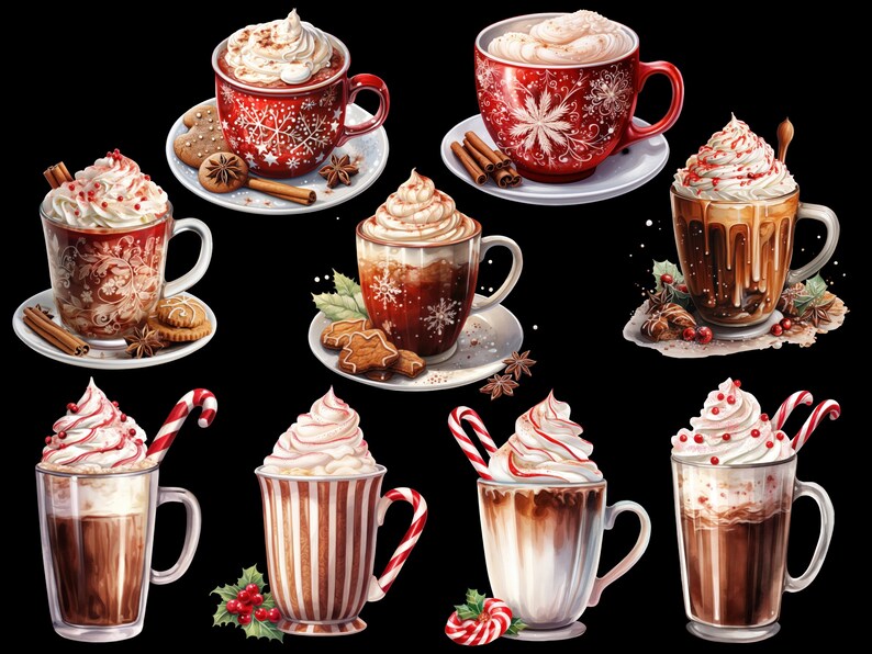 May include: A collection of eight festive holiday mugs filled with hot chocolate and topped with whipped cream. The mugs are decorated with snowflakes, candy canes, and other wintery designs.