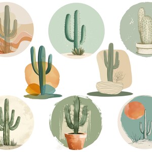 May include: Nine illustrations of cacti in different styles and colours. Each cactus is in a circle with a background of different colours and textures. The cacti are all different sizes and shapes.