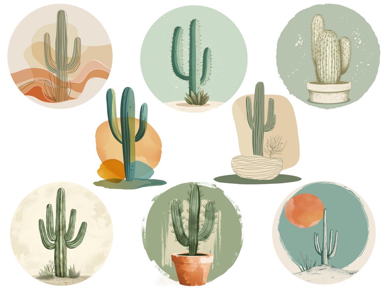 May include: Nine illustrations of cacti in different styles and colours. Each cactus is in a circle with a background of different colours and textures. The cacti are all different sizes and shapes.