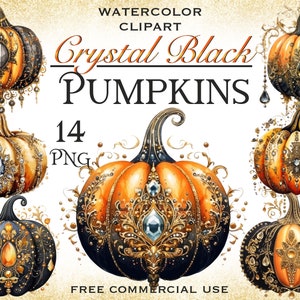 Crystal black pumpkin clipart, Watercolor fall decor png images bundle, Autumn holiday ornament digital artwork, Free commercial use