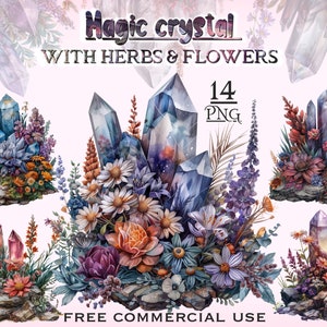 Bundle PNG de cristaux floraux, clipart botanique Wichcraft, clipart féerique herbes & fleurs sauvages, fleur magique png, téléchargements numériques imprimables