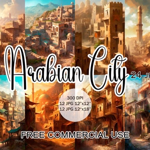 Arabische stad clipart, middeleeuws stadslandschap, reisafbeeldingen wereldgeschiedenis voor ontwerp, collage, plakboek enz., gratis commercieel gebruik