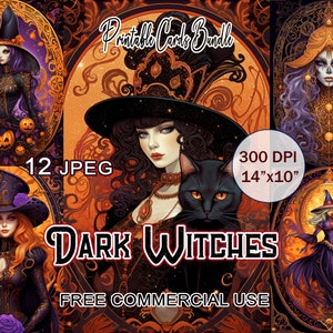 May include: A digital printable bundle of 12 dark witch illustrations. Each image features a witch with a black hat and flowing hair, set against a background of orange, gold, and purple. The text "Dark Witches" is featured in the center of the image. The text "300 DPI 14"x10" 12 JPEG FREE COMMERCIAL USE" is also included in the image.
