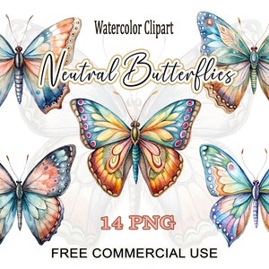 Neutraler Schmetterling PNG-Bundle, Aquarell Schmetterlinge Clipart, Pastell Boho Ästhetischer Priable Bilder Pack, digitale Downloads