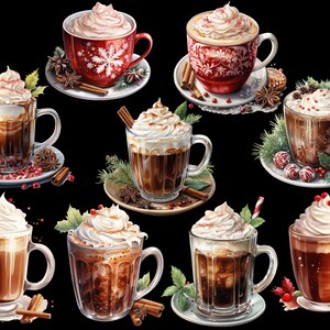 May include: Eight different mugs of hot chocolate with whipped cream and various toppings, including cinnamon sticks, star anise, and candy canes. The mugs are on a black background.