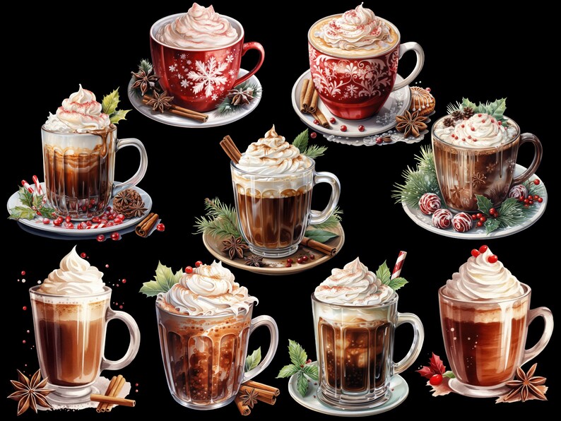May include: Eight different mugs of hot chocolate with whipped cream and various toppings, including cinnamon sticks, star anise, and candy canes. The mugs are on a black background.