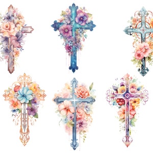 May include: Six watercolor illustrations of crosses adorned with colorful flowers. The crosses are in various styles and colors, including blue, gold, and brown. The flowers are a mix of pink, purple, blue, and yellow.