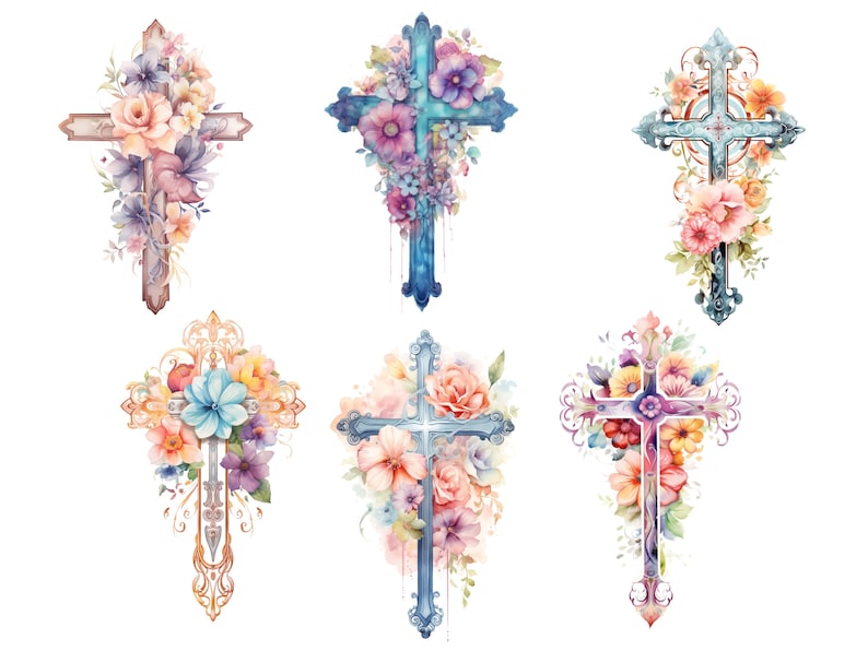 May include: Six watercolor illustrations of crosses adorned with colorful flowers. The crosses are in various styles and colors, including blue, gold, and brown. The flowers are a mix of pink, purple, blue, and yellow.
