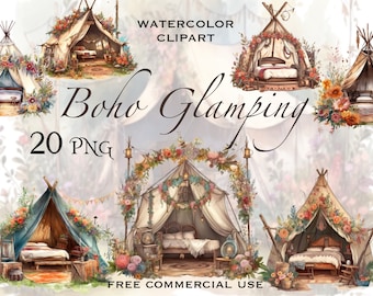 Boho Glamping Zelt Aquarell Clipart (PNG Digital Download)