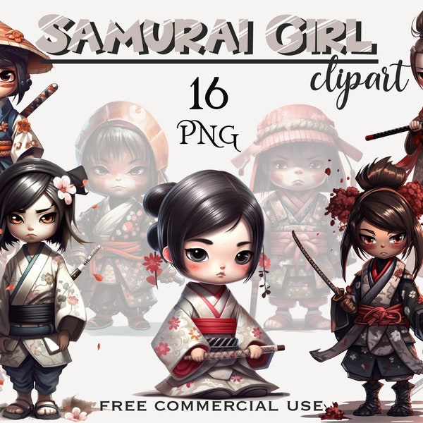 Samurai girl clipart, Kawaii anime warrior girls png, Japanese manga girl characters for design, collage, prints etc., Free commercial use