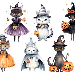 May include: Six watercolor illustrations of black and white cats dressed in Halloween costumes. The cats are holding pumpkins and wearing witch hats, ghost costumes, and other Halloween-themed attire.