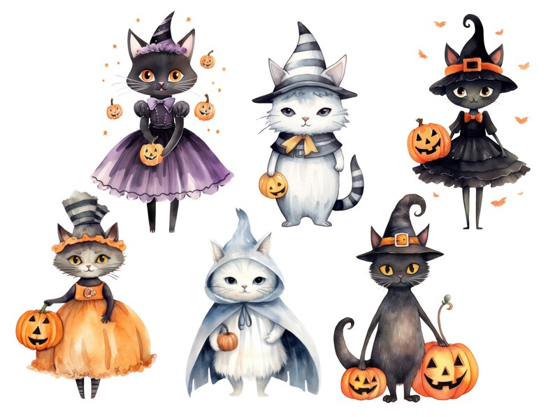 May include: Six watercolor illustrations of black and white cats dressed in Halloween costumes. The cats are holding pumpkins and wearing witch hats, ghost costumes, and other Halloween-themed attire.