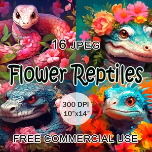 Bloemreptiel clipart, bloemenslang krokodil alligator en hagedis afbeeldingenbundel, bloemen dieren clipart, afdrukbare kaarten, gratis commercieel gebruik