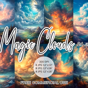 Magische wolken clipart, fantasie lucht achtergrond landschapsafbeeldingen, gratis commercieel gebruik, digitaal papier voor collage, plakboek, junk journal, enz.