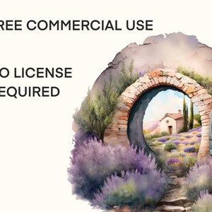 Pu&ograve; includere: Un dipinto ad acquerello di un arco in pietra con vista su un campo di lavanda e una piccola casa in lontananza. L'arco &egrave; aperto e c'&egrave; un sentiero che conduce attraverso il campo. Il dipinto &egrave; incorniciato da un bordo ruvido e testurizzato.