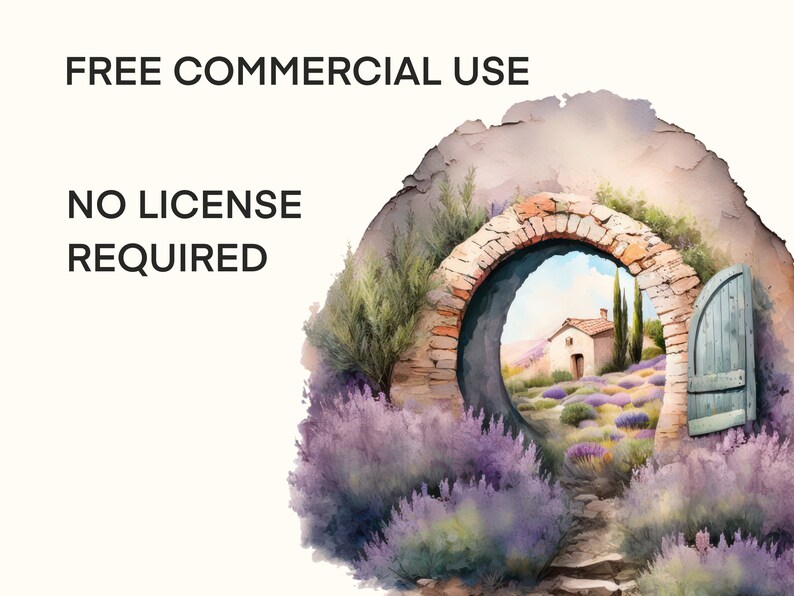 Pu&ograve; includere: Un dipinto ad acquerello di un arco in pietra con vista su un campo di lavanda e una piccola casa in lontananza. L'arco &egrave; aperto e c'&egrave; un sentiero che conduce attraverso il campo. Il dipinto &egrave; incorniciato da un bordo ruvido e testurizzato.