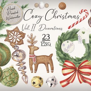 Ensemble de 2 cliparts aquarelle de Noël douillet avec des décorations scandinaves des Fêtes et une décoration écologique | 23 PNG dessinés à la main avec utilisation commerciale gratuite