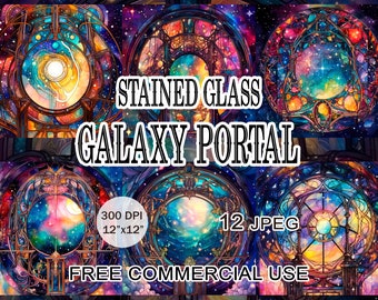 Stained glass galaxy portal clipart, Styled space artwork bundle, Art nouveau fantasy celestial printable images pack, Free commercial use