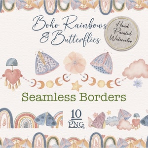 Boho Rainbow & Butterflies Seamless Border PNG Bundle, lembrancinhas para chá de bebê, clipart aquarela desenhado à mão, arquivos estéticos neutros sem costura