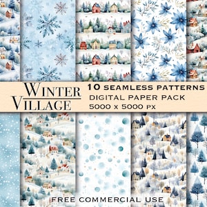Puede incluir: Diez patrones digitales sin costuras que presentan escenas de pueblos de invierno, copos de nieve y diseños florales azules. Cada patrón tiene 5000 x 5000 píxeles y es de uso comercial gratuito.