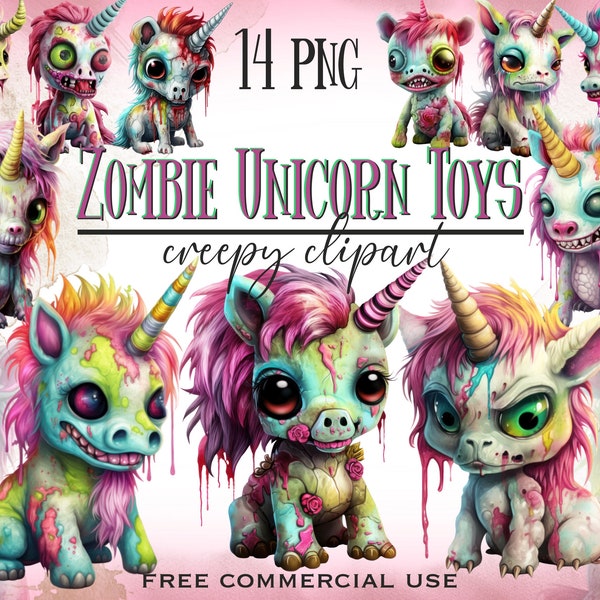 Zombie unicorn toy clipart, Funny Halloween plush zombies unicorns horror images png, Scary fantasy animal art bundle, Free commercial use